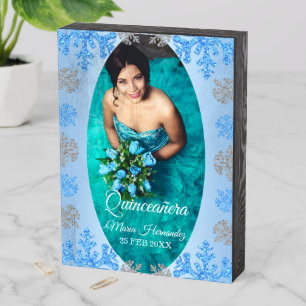 Quinceañera Ice Blue Silver Winter Snowflake Wooden Box Sign