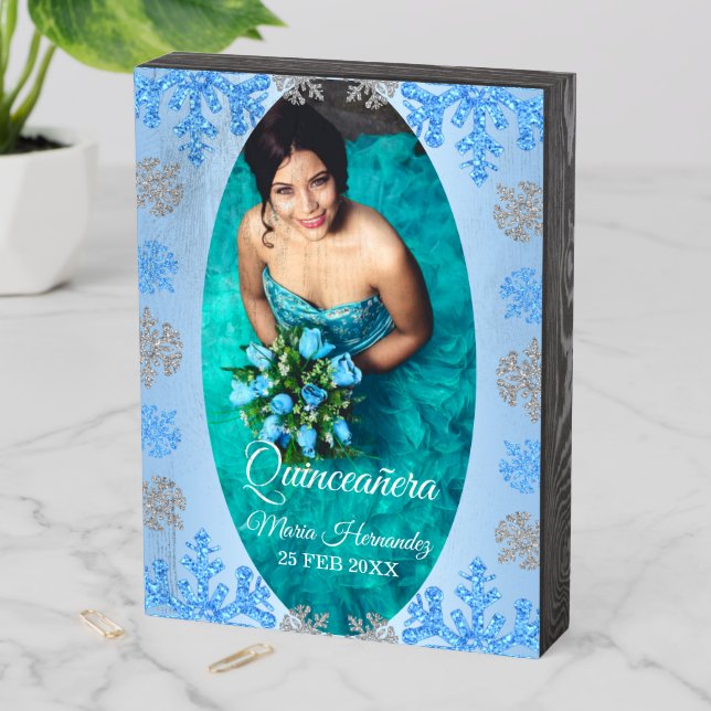 Quinceañera Ice Blue Silver Winter Snowflake Wooden Box Sign (In Situ Vertical)
