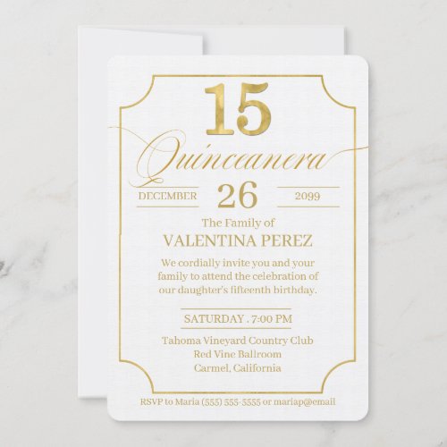 Quinceanera in Gold English Language with Photo Invitation