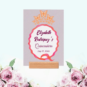 Quinceanera In Pink Peach Squiggle Butterfly Crown Holder