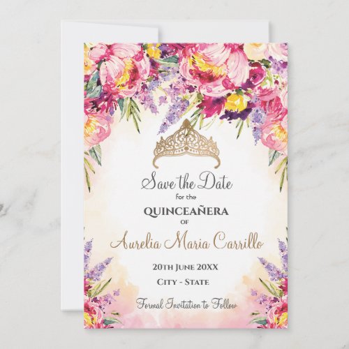 Quinceaera in watercolor flowers save the date