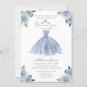Quinceanera Invitation Bilingual Blue Blush Gown