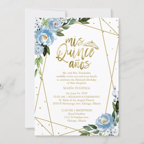 Quinceanera Invitation Bilingual Blue Gold Foil