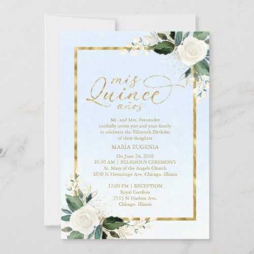 Quinceanera Invitation Bilingual Blue Gold Foil