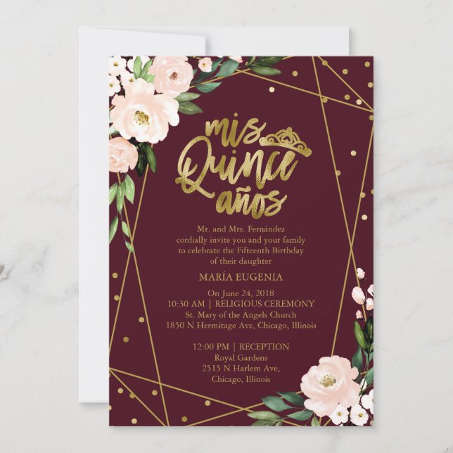 Quinceanera Invitation Bilingual Blush Burgundy (Front)