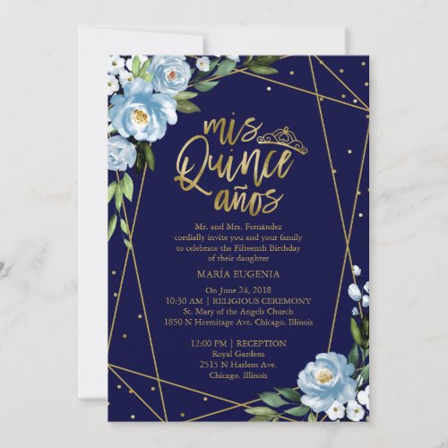 Quinceanera Invitation Bilingual Dark Blue