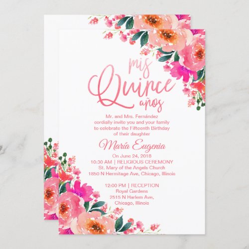 Quinceanera Invitation Bilingual Hot Pink Floral