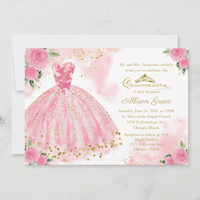 Quinceanera Invitation Bilingual Hot Pink Gown (Front)