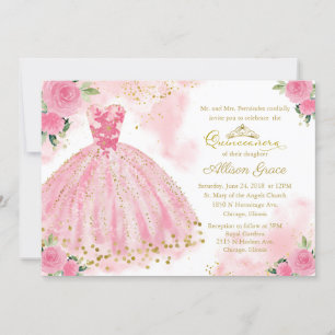 Quinceanera Invitation Bilingual Hot Pink Gown