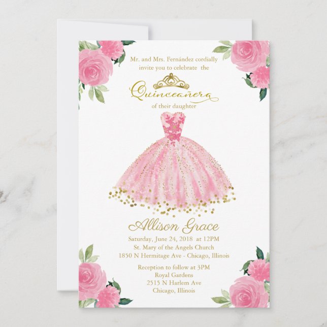 Quinceanera Invitation Bilingual Hot Pink Gown (Front)
