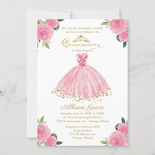 Quinceanera Invitation Bilingual Hot Pink Gown