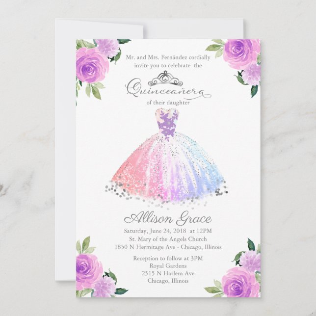 Quinceanera Invitation Bilingual Pastel Colors (Front)