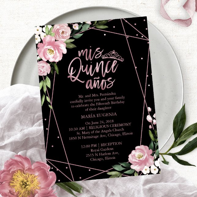 Quinceanera Invitation Bilingual Pink Black