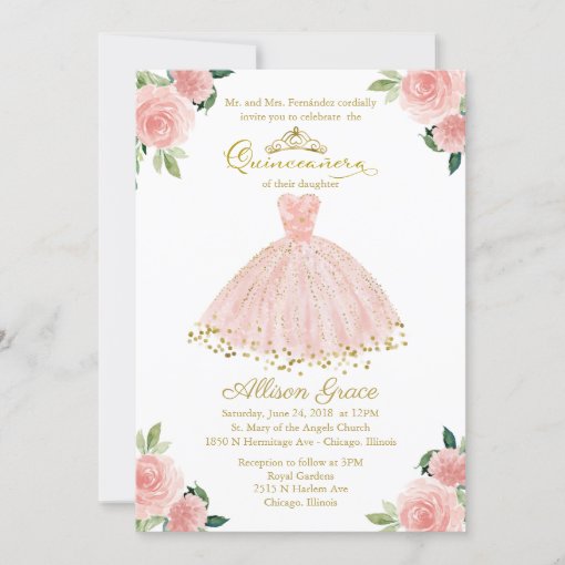 Quinceanera Invitation Bilingual Pink Blush Gown 