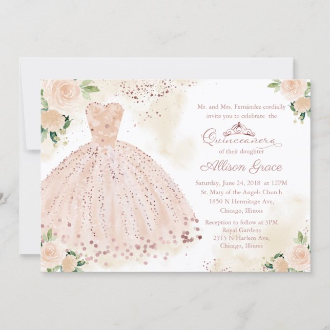Quinceanera Invitation Bilingual Pink Blush Gown (Front)