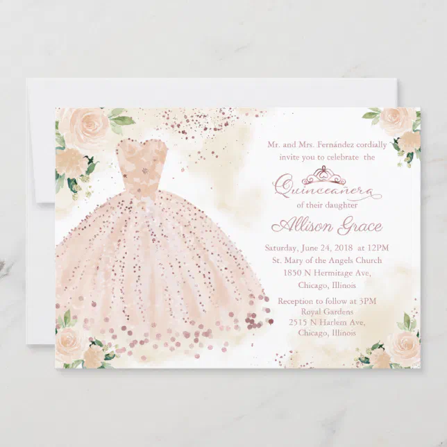 Quinceanera Invitation Bilingual Pink Blush Gown 