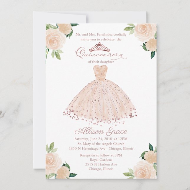 Quinceanera Invitation Bilingual Pink Blush Gown (Front)