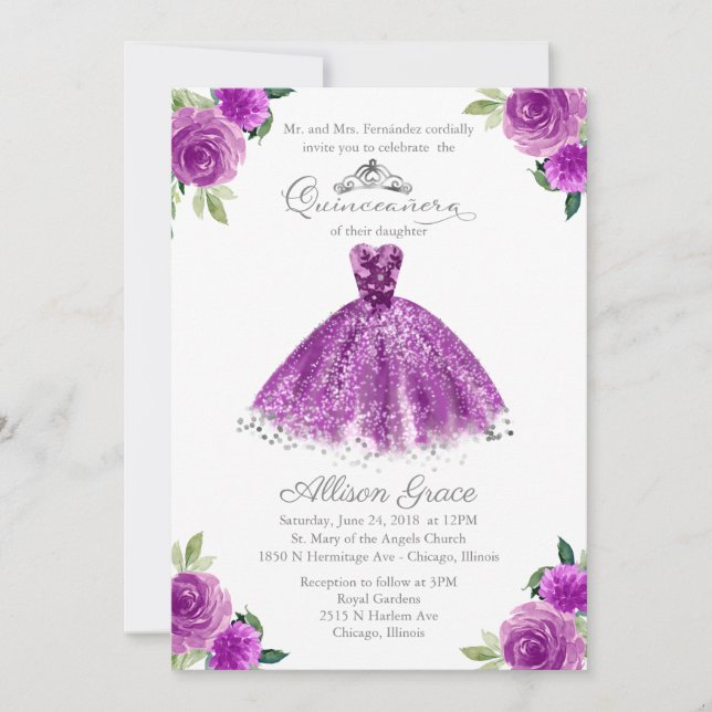 Quinceanera Invitation Bilingual Purple Blush Gown (Front)