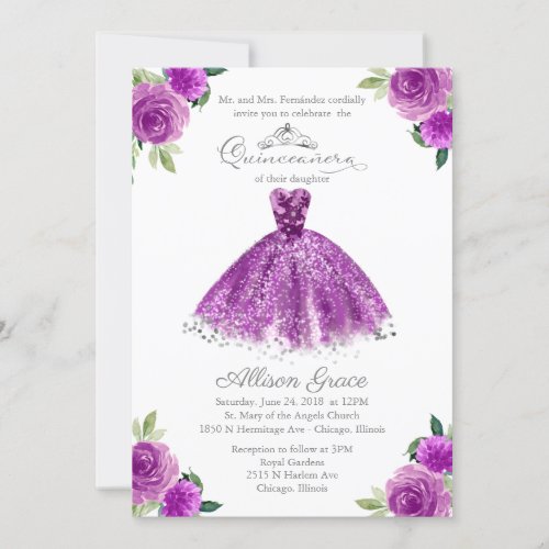 Quinceanera Invitation Bilingual Purple Blush Gown