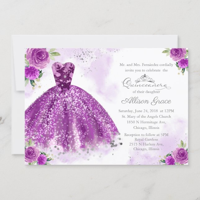 Quinceanera Invitation Bilingual Purple Gown (Front)