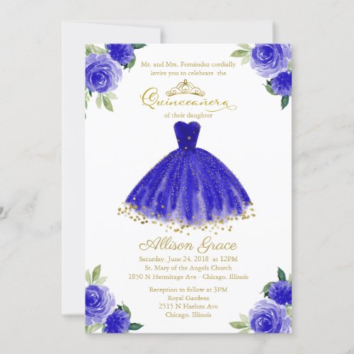 Quinceanera Invitation Bilingual Royal Blue Gown