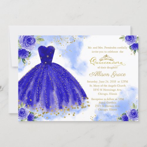 Quinceanera Invitation Bilingual Royal Blue Gown