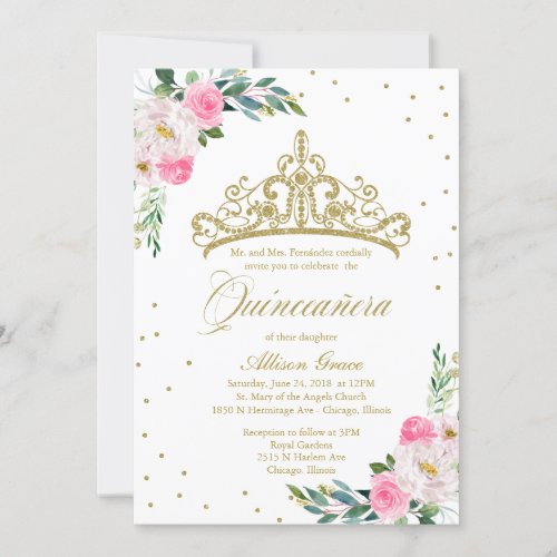 Quinceanera Invitation Bilingual Tiara Hot Pink 