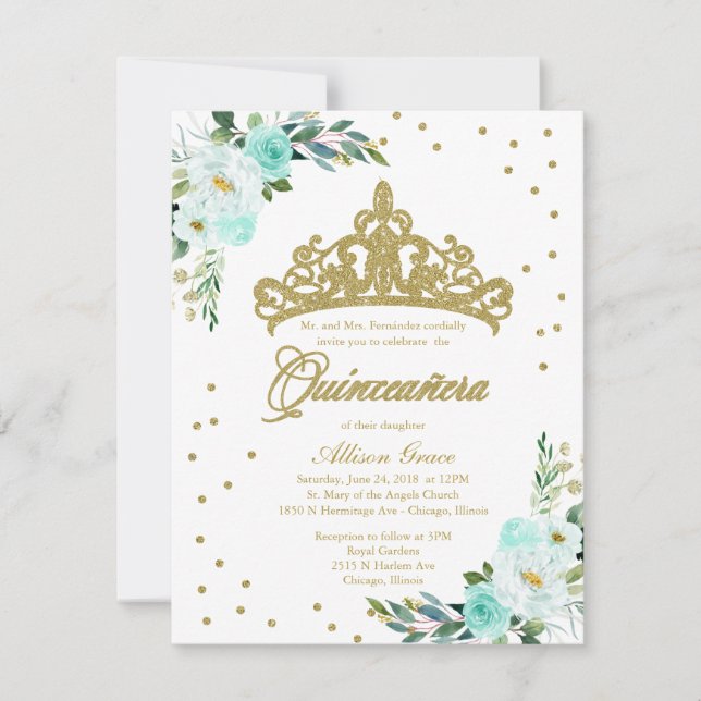 Quinceanera Invitation Bilingual Tiara Teal (Front)