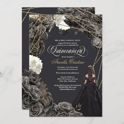 Quinceaera Invitation _ Black  Gold Roses Gown