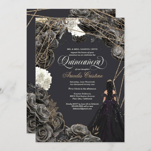 Quinceaera Invitation _ Black  Gold Roses Gown