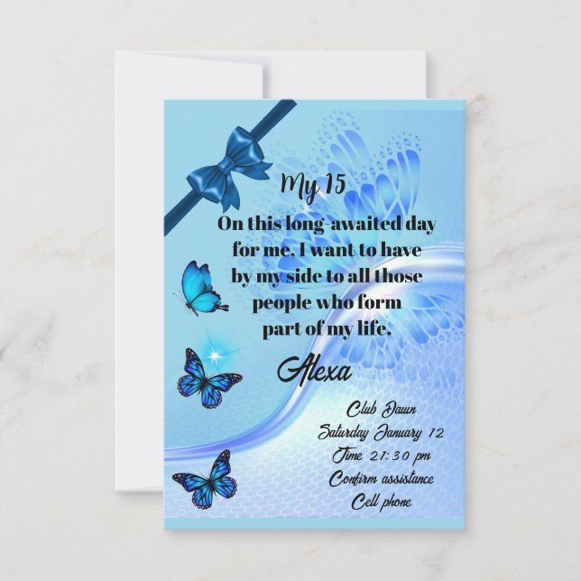 Quinceanera invitation digital butterfly blue (Front)