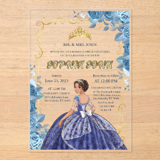 Quinceanera Invitation Emerald Blue Dress Acrylic
