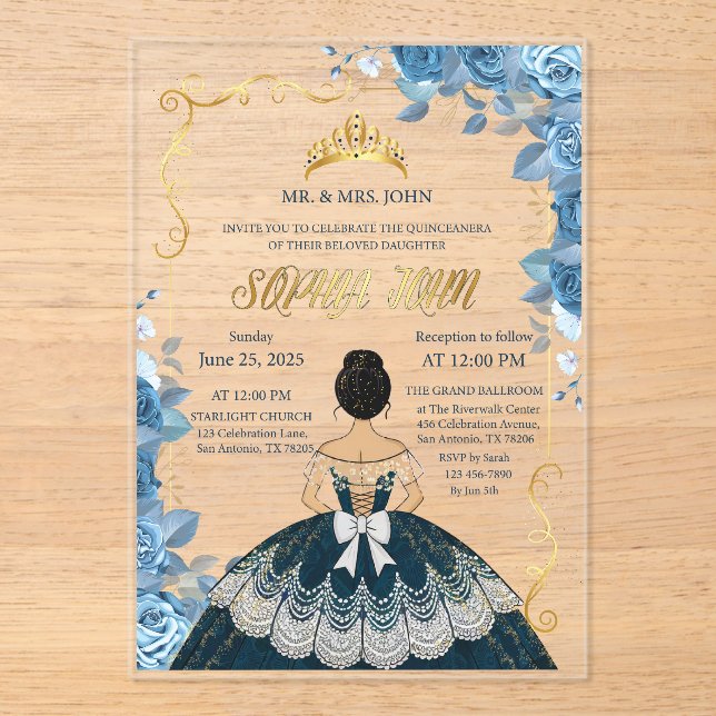 Quinceanera Invitation Emerald Blue Dress Acrylic (Front)