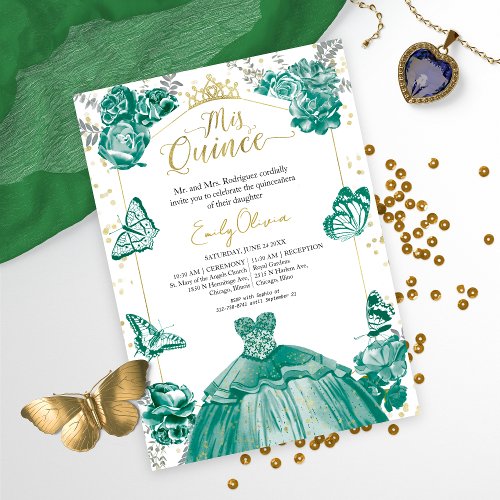 Quinceanera Invitation Emerald Green Dress Floral