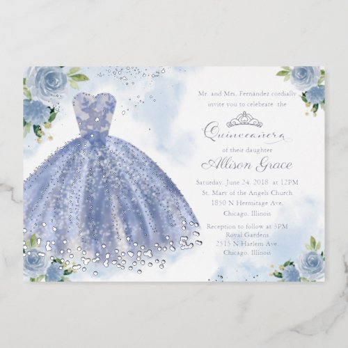 Quinceanera Invitation Floral Blue Gown Silver Foil Invitation