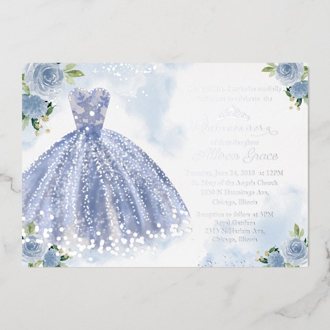Quinceanera Invitation Floral Blue Gown Silver Foil Invitation (Front)