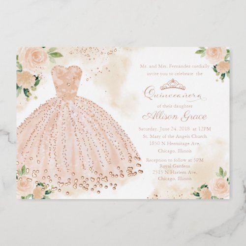 Quinceanera Invitation Floral Blush Gown Rose Gold Foil Invitation