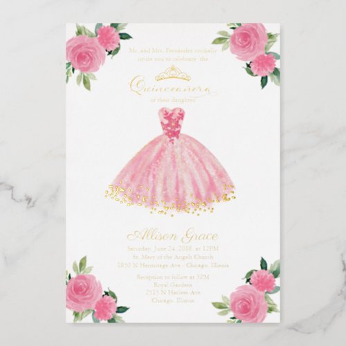 Quinceanera Invitation Floral Hot Pink Gown  Foil Invitation