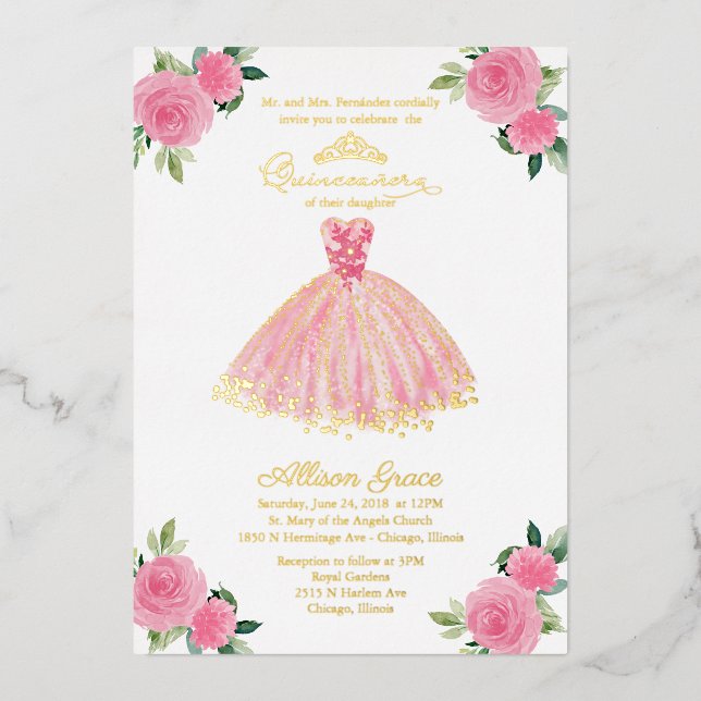 Quinceanera Invitation Floral Hot Pink Gown  Foil Invitation (Front)