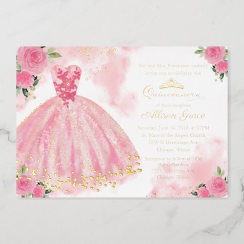 Quinceanera Invitation Floral Hot Pink Gown Gold F Foil Invitation