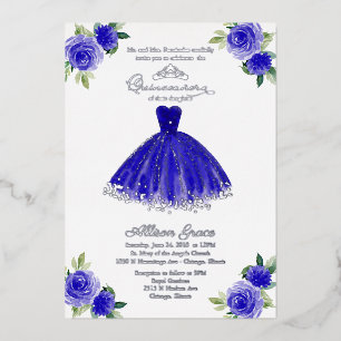 Quinceanera Invitation Floral Royal Blue Gown Foil Invitation