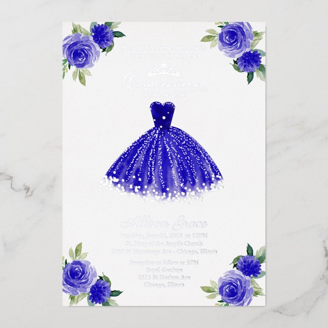 Quinceanera Invitation Floral Royal Blue Gown Foil Invitation (Front)
