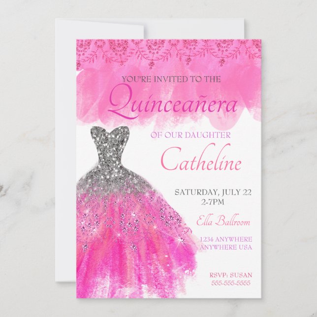 Quinceanera Invitation fuscia15th birthday (Front)