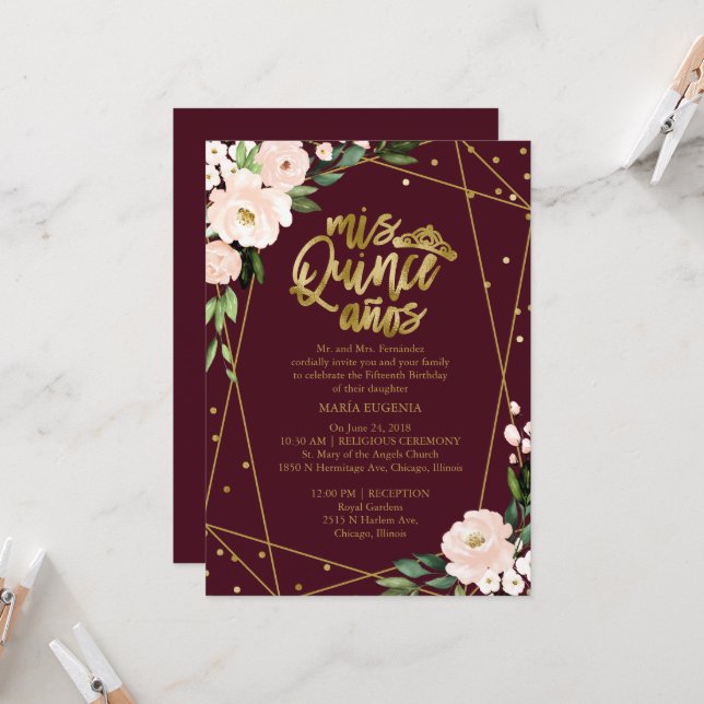 Quinceanera Invitation Gold Burgundy Blush Floral (Front/Back In Situ)