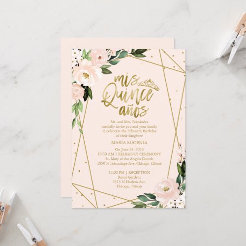 Quinceanera Invitation Gold Foil Pink Blush Floral