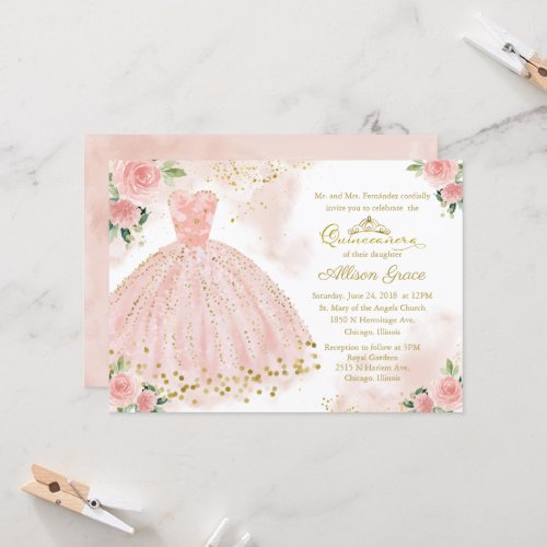 Quinceanera Invitation Gold Foil Pink Blush Gown