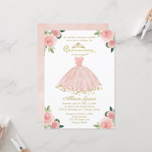 Quinceanera Invitation Gold Foil Pink Blush Gown