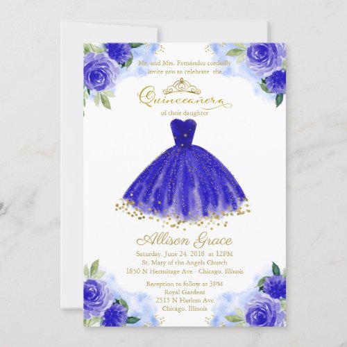 Quinceanera Invitation Gold Foil Royal Blue Dress