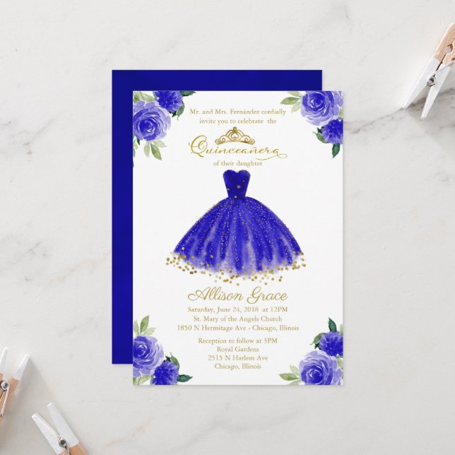 Quinceanera Invitation Gold Foil Royal Blue Gown (Front/Back In Situ)