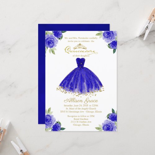 Quinceanera Invitation Gold Foil Royal Blue Gown